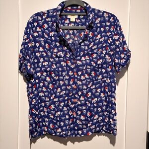 Anthropologie Maeve Navy Blue Floral Button-Up Shirt with Red Accents Size M